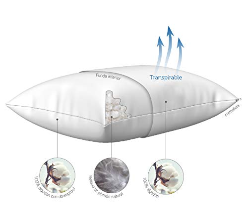 Pikolin Home - Almohada 30% plumón con doble funda de algodón con firmeza baja ideal para dormir boca abajo