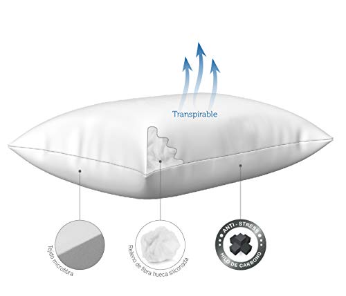 Pikolin Home - Almohada de fibra antiestrés con hilo de carbono ideal para dormir boca arriba y de lado de firmeza baja