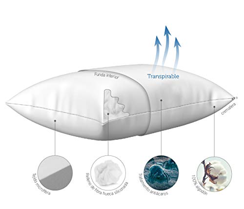 Pikolin Home - Almohada de fibra de firmeza alta con funda desenfundable antiácaros y transpirable recomendada para dormir de lado