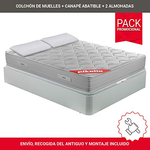 PIKOLIN Pack Colchón viscoelástico de muelles 150x190+ canapé Base abatible Blanca y Dos Almohadas de Fibra, Incluye Subida a Domicilio, Montaje y Retirada de Usado