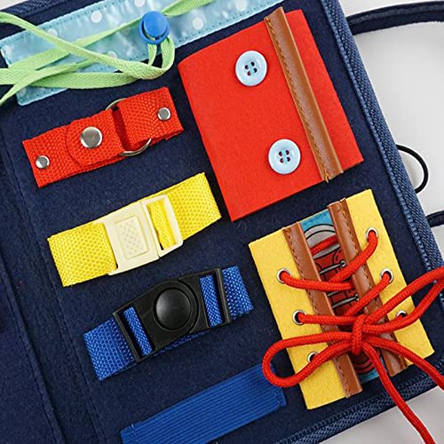 Pizarra ocupada para niños pequeños, juguetes Montessori de educación temprana para niños pequeños,bolsa de fieltro azul portátil tablero sensorial,para niño aprenden habilidades básicas de vestimenta