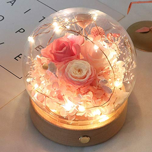 Plantas y flores artificiales Siempre de la flor con la luz caliente LED Ronda cristal de la bóveda Base de madera mejor regalo for el día del aniversario del cumpleaños de Navidad de San Valentín Flo