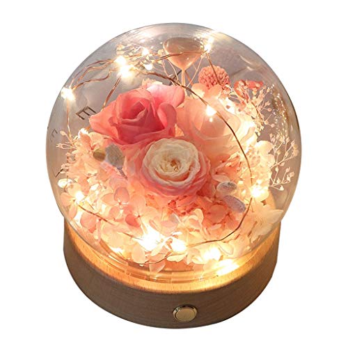 Plantas y flores artificiales Siempre de la flor con la luz caliente LED Ronda cristal de la bóveda Base de madera mejor regalo for el día del aniversario del cumpleaños de Navidad de San Valentín Flo