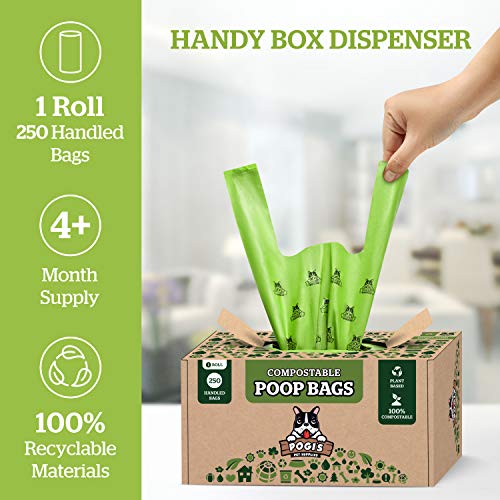 Pogi's Compostable Poop Bags - 250 bolsas para perros con asas fáciles de atar, a base de plantas, bolsas de residuos compostables para el hogar con certificación ASTM D6400 para perros