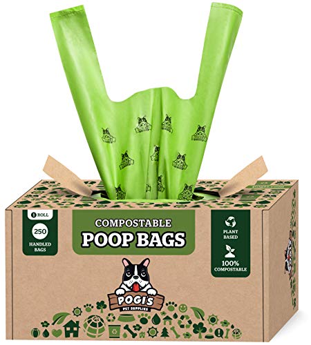 Pogi's Compostable Poop Bags - 250 bolsas para perros con asas fáciles de atar, a base de plantas, bolsas de residuos compostables para el hogar con certificación ASTM D6400 para perros