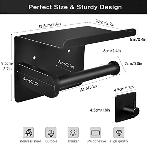 Portarrollo para Papel Higiénico, Portarrollos Baño Adhesivode Acero Inoxidable 304, Porta Rollos de Papel Higienico con el Teléfono Móvil Estante de Almacenamiento (Negro)