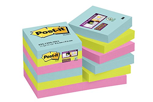 Post-it Super Sticky - Notas adhesivas, pack de 12 blocs, colección "Nuevos colores, nuevos lugares" Miami