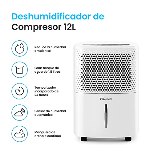 Pro Breeze Deshumidificador 12L/día con Pantalla LED, Sensor de Humedad, 3 Modos, Drenaje Continuo, Secado de Ropa y Temporizador. Elimina Humedad y Condensación de la Casa