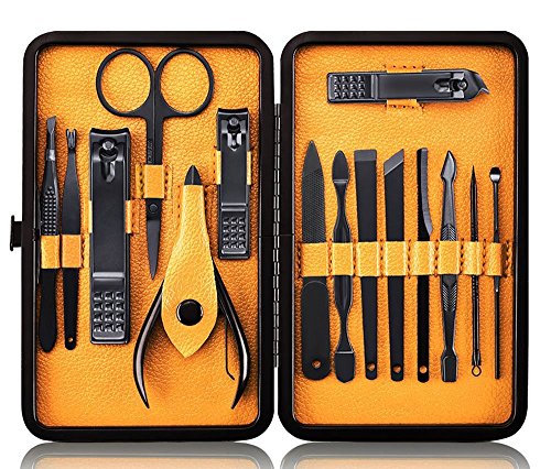 Profesional Cortaúñas Acero Inoxidable Grooming Kit - Set de 15 Piezas para Manicura y Pedicura Limpiador Cutícula con Bonita Caja (Amarillo)