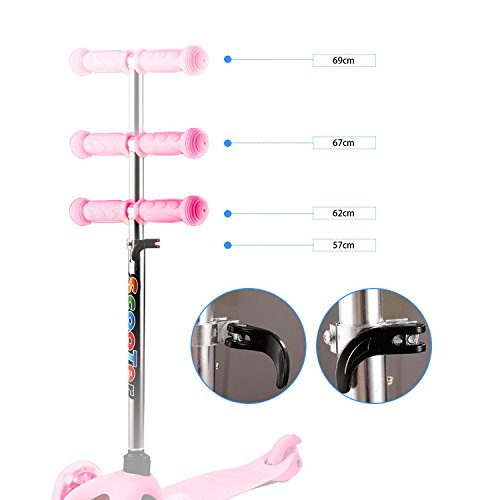 Profun Patinete 3 Ruedas Patinete Niños con Luces Patinete Infantil Altura del Manillar Ajustable Patinete Niña con Freno Patinete Scooter Ideal para Niños de 3-10 Años (Menores de 1,2 Metros) (Rosa)