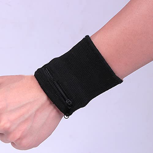 Pulsera de Banda de Sudor de Fitness Cartera de Pulsera Deportiva Muñequera con Cremallera Muñequera Deportiva de Bolsillo para Trotar, Correr, Caminar, fútbol, Baloncesto, Ciclismo y Yoga (Negro)