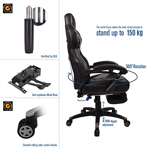 PULUOMIS - Silla Gaming Profesional Silla Ergonómica para Oficina, Juego con Cojín Lumbar y Cojín para los Pies(Gris)