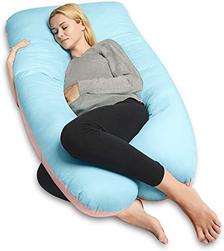 QUEEN ROSE Almohada para el Embarazo, Almohada de Cuerpo Completo para Mujeres Embarazadas, Almohada de Maternidad en Forma de U con Cremallera Funda de Algodón Extraíble (Azul-Rosa)