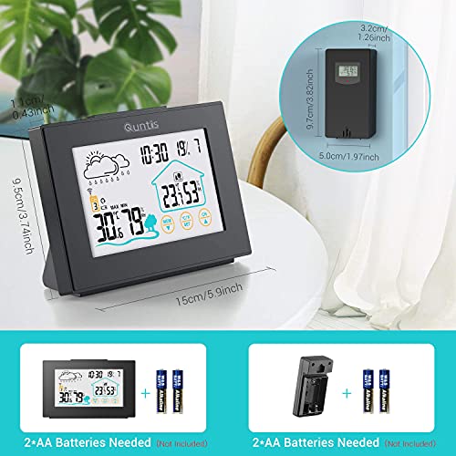 Quntis Estacion Meteorologica Interior Exterior, Estación Meteorológica Inalámbrica con Sensor Exterior Pantalla Táctil, Termometro Digital con Pronóstico de Tiempo,3 Canales,Hora,Despertador- Negro