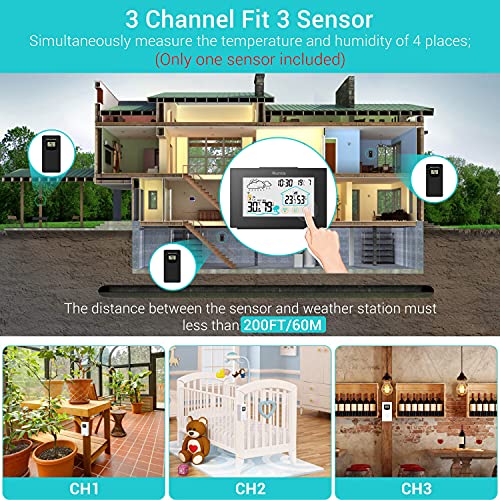 Quntis Estacion Meteorologica Interior Exterior, Estación Meteorológica Inalámbrica con Sensor Exterior Pantalla Táctil, Termometro Digital con Pronóstico de Tiempo,3 Canales,Hora,Despertador- Negro