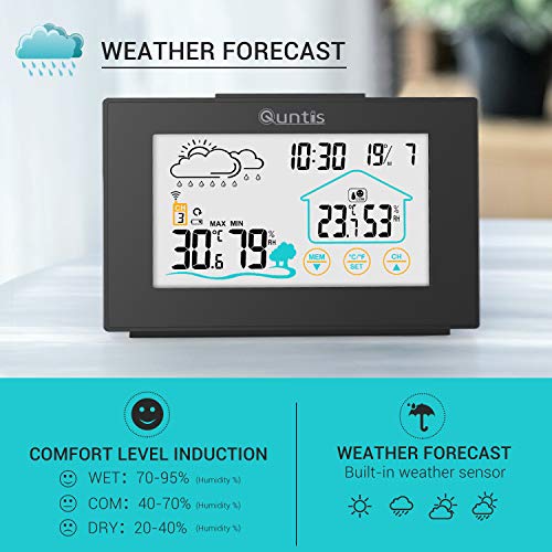 Quntis Estacion Meteorologica Interior Exterior, Estación Meteorológica Inalámbrica con Sensor Exterior Pantalla Táctil, Termometro Digital con Pronóstico de Tiempo,3 Canales,Hora,Despertador- Negro