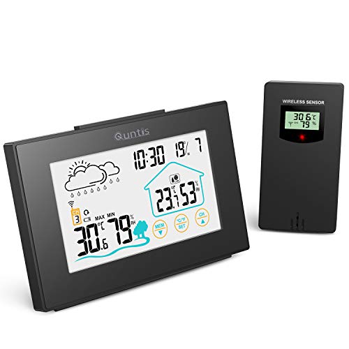 Quntis Estacion Meteorologica Interior Exterior, Estación Meteorológica Inalámbrica con Sensor Exterior Pantalla Táctil, Termometro Digital con Pronóstico de Tiempo,3 Canales,Hora,Despertador- Negro