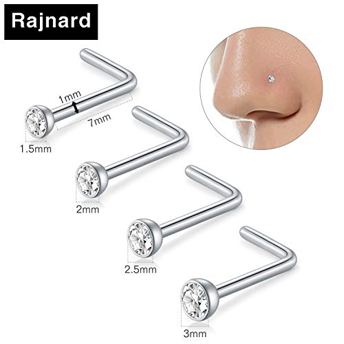 Rajnard Piercing de Nariz Plateado 25 Piezas 18G Acero quirúrgico en Forma de L Anillos en Espiral Stud Mujeres Bola Masculina CZ 2mm