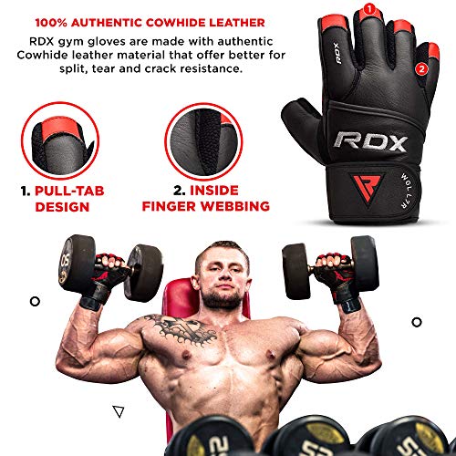 RDX Guantes Gimnasio Cuero Levantamiento de Pesas, Antideslizante Palma Agarre con Muñequera Larga, Fitness Gym Protección Training Gloves, Powerlifting Musculación Culturismo Workout Entrenamiento