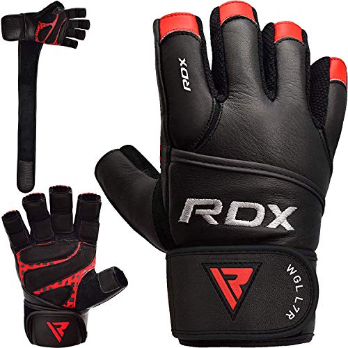 RDX Guantes Gimnasio Cuero Levantamiento de Pesas, Antideslizante Palma Agarre con Muñequera Larga, Fitness Gym Protección Training Gloves, Powerlifting Musculación Culturismo Workout Entrenamiento