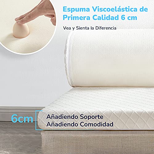 Recci Topper Viscoelástico 135x190, 6 cm Topper Colchón de Espuma con Alivio de la Presión, Sobrecolchón Hipoalergénico de Bambú Extraíble y Lavable en Lavadora, CertiPUR-EU [135 x 190 x 6cm]