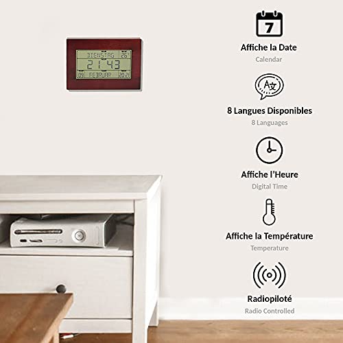 Reloj Despertador Radiocontrolado - Calendario con Fecha Día y Hora - Números grandes - 8 Idiomas - Temperatura - 23 x 16 cm - De pared o de pie - Motivo de madera