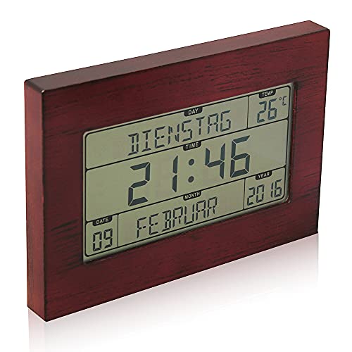 Reloj Despertador Radiocontrolado - Calendario con Fecha Día y Hora - Números grandes - 8 Idiomas - Temperatura - 23 x 16 cm - De pared o de pie - Motivo de madera