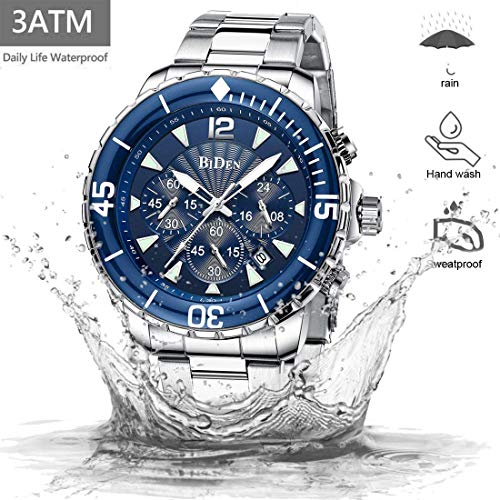 Reloj para Hombre Relojes de Pulsera Impermeables Diseño de cronógrafo Luminoso Relojes clásicos de Acero Inoxidable Dial Grande Fecha (Azul Plateado)