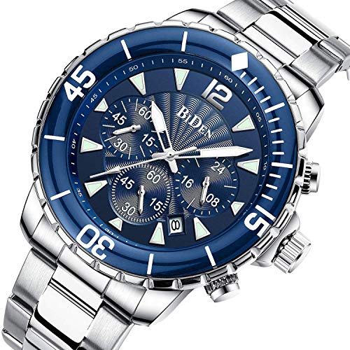 Reloj para Hombre Relojes de Pulsera Impermeables Diseño de cronógrafo Luminoso Relojes clásicos de Acero Inoxidable Dial Grande Fecha (Azul Plateado)