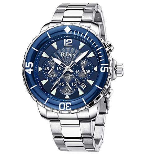 Reloj para Hombre Relojes de Pulsera Impermeables Diseño de cronógrafo Luminoso Relojes clásicos de Acero Inoxidable Dial Grande Fecha (Azul Plateado)