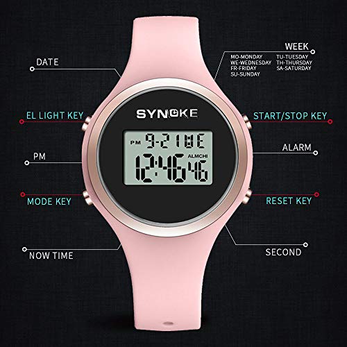 Relojes Digital Deportivo Multifunción Relojes Calendario Alarma Relojes Silicona para Mujeres Niñas, Rosa