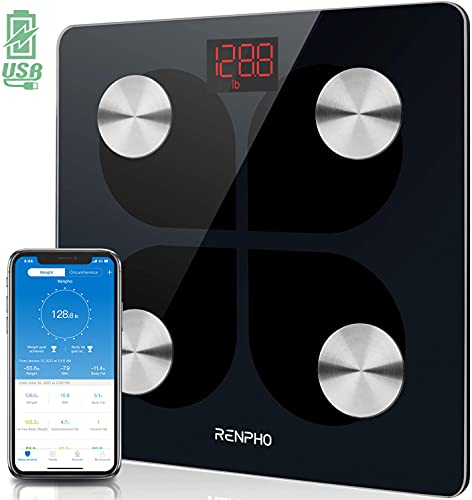 RENPHO Báscula de Grasa Corporal con Bluetooth - Báscula Elegante para Baño BMI Digital Escala, Analizador Recargable de Composición Corporal con USB y Aplicación