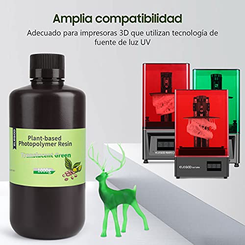 Resina de Impresora 3D Basada en Plantas ELEGOO con Ultra Bajo Olor y Alta Precisión, Resina de Fotopolímero Rápido UV de 405 nm, Curado Rápido para Impresora 3D de Resina - Verde Claro 1000g