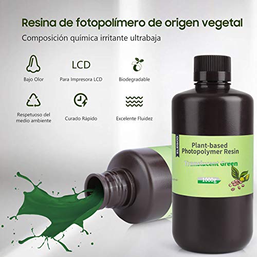 Resina de Impresora 3D Basada en Plantas ELEGOO con Ultra Bajo Olor y Alta Precisión, Resina de Fotopolímero Rápido UV de 405 nm, Curado Rápido para Impresora 3D de Resina - Verde Claro 1000g