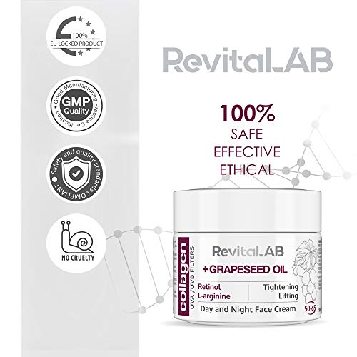 RevitaLAB - Crema hidratante antiarrugas de día y de noche con colágeno enriquecida con ácido hialurónico, L-arginina, retinol y un filtro UVA/UVB, franja de edad 50-65, 50 ml