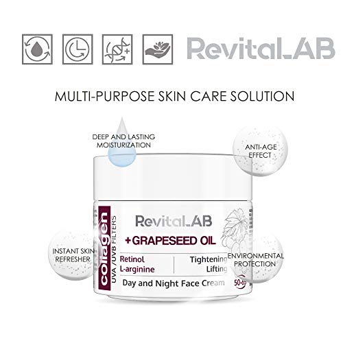 RevitaLAB - Crema hidratante antiarrugas de día y de noche con colágeno enriquecida con ácido hialurónico, L-arginina, retinol y un filtro UVA/UVB, franja de edad 50-65, 50 ml