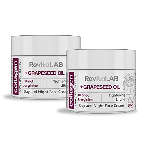 RevitaLAB - Crema hidratante antiarrugas de día y de noche con colágeno enriquecida con ácido hialurónico, L-arginina, retinoll y un filtro UVA/UVB, franja de edad 50-65, 2x 50 ml (multipaquete)