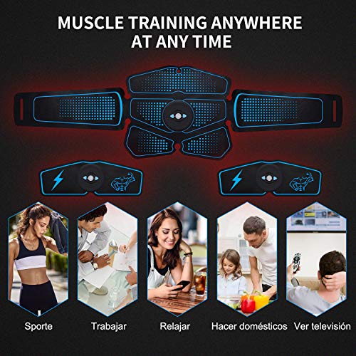 RIRGI Electroestimulador Muscular Abdominales,Electroestimulador Muscular USB Recargable, 6 Modos y 10 Niveles de Intensidad para Abdomen/Cintura/Pierna/Brazo (Incluyendo 14PCS Reemplazo Gel Pad)