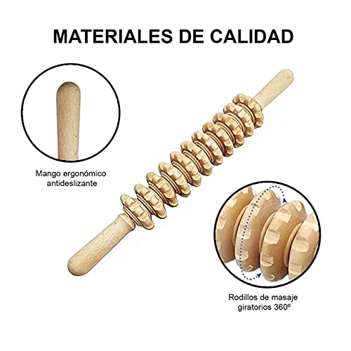 Rodillo Masajeador Dentado Anticelulitico - de Madera Natural - Utensilio Manual Maderoterapia Corporal - Piernas, Glúteos, Espalda, Brazos - 40 cm.