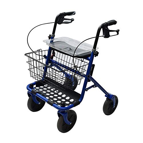 Rollator de acero plegable azul – Andador para personas mayores con 4 ruedas, asiento y frenos