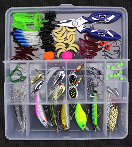 RoseFlower Señuelos de Pesca Kits de Señuelos Pesca Accesorios Cebos Artificiales Articulos Incluido la Caja Tackle, Ganchos, Tijeras, Cebos, Popper, Grillos y más con Accesorios