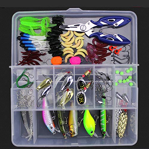 RoseFlower Señuelos de Pesca Kits de Señuelos Pesca Accesorios Cebos Artificiales Articulos Incluido la Caja Tackle, Ganchos, Tijeras, Cebos, Popper, Grillos y más con Accesorios