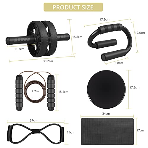 Rueda Abdominal, Anbte 6 en 1 Kit de Ejercitar con Rueda AB, Barra de Push-Up, Cuerda de Saltar, Banda de Ejercicio, Deslizadores de Core y Rodillera, para Entrenamientos Entrenamientos de Fuerza