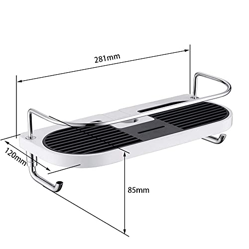 S R Sunrise - Estante para barra de ducha, para champú, acondicionador, jabón, sin taladrar, color blanco y negro, cuerpo de ABS y lona de acero inoxidable, plástico, cromo, 28 x 12 x 9 cm