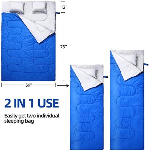 Saco de Dormir Doble, Ohuhu Saco de Dormir con 2 Almohadas, Cuatro Doble Tiradores de la Cremallera, Temperatura Cómodo: 0 ° C ~ 10 ° C(3kg) / -5 ° C ~ 10 ° C(3.5kg)