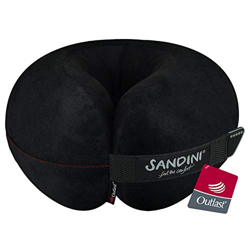 SANDINI TravelFix Regular Size – Almohada de Viaje Premium con Cierre/Almohada Cervical con función de Soporte ergonómico – Bolsa de Transporte de fijación Gratuita (Outlast/Microfibra Negro)