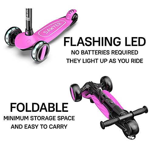 Sawyer - Patinete Ajustable Ruedas LED - Niños 2 a 8 Años (Rosa)