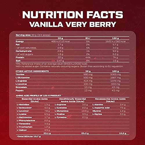 Scitec Nutrition 100% Whey Protein Professional con aminoácidos clave y enzimas digestivas adicionales, sin gluten, 920 g, Vainilla con frutas del bosque