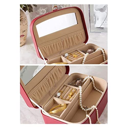 SENWEI Joyero de Piel sintética para Mujer Mini con Espejo Cofre de joyería para Anillos Pendientes Collar Caja de baratija roja