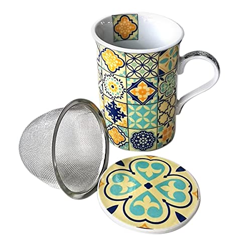 Set de 4 Mugs de Porcelana Decorativas con Filtro "Hidráulico" Surtidas. Tazas para Desayuno. Vajillas. Regalos Originales. Decoración Hogar. Menaje de Cocina. 11 x 8 x 11 cm.